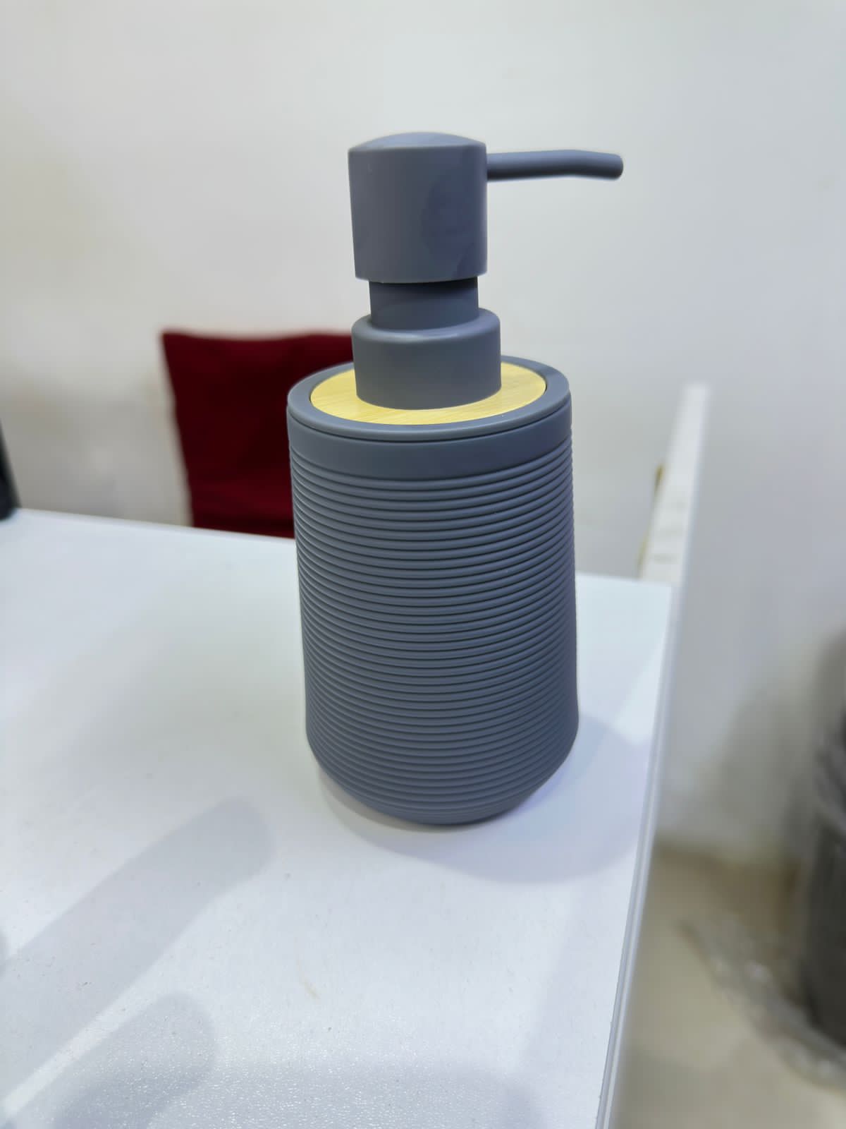 Modern Matt round hand soap dispenser with bamboo trim