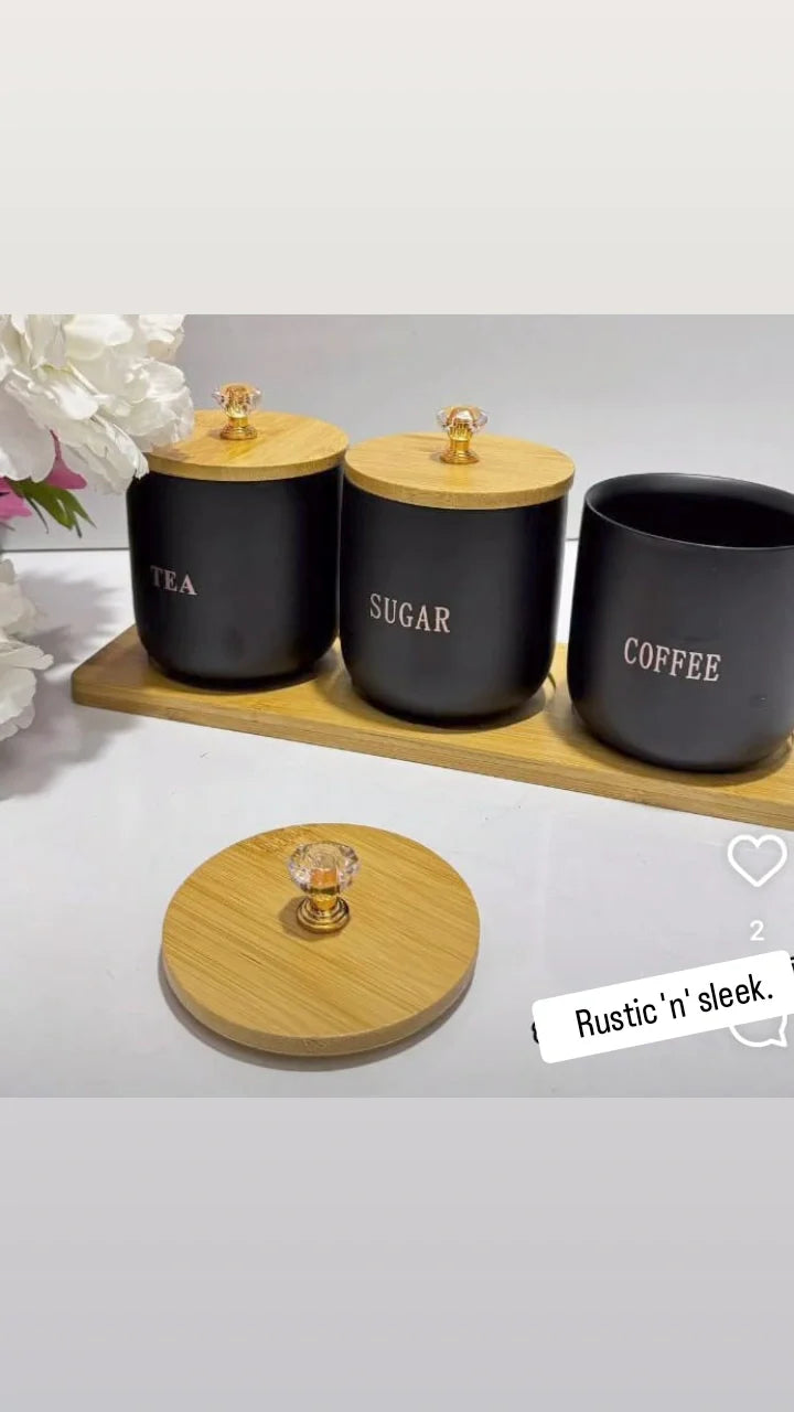 Ceramic black 3pc candy jar/tea/sugar/coffee