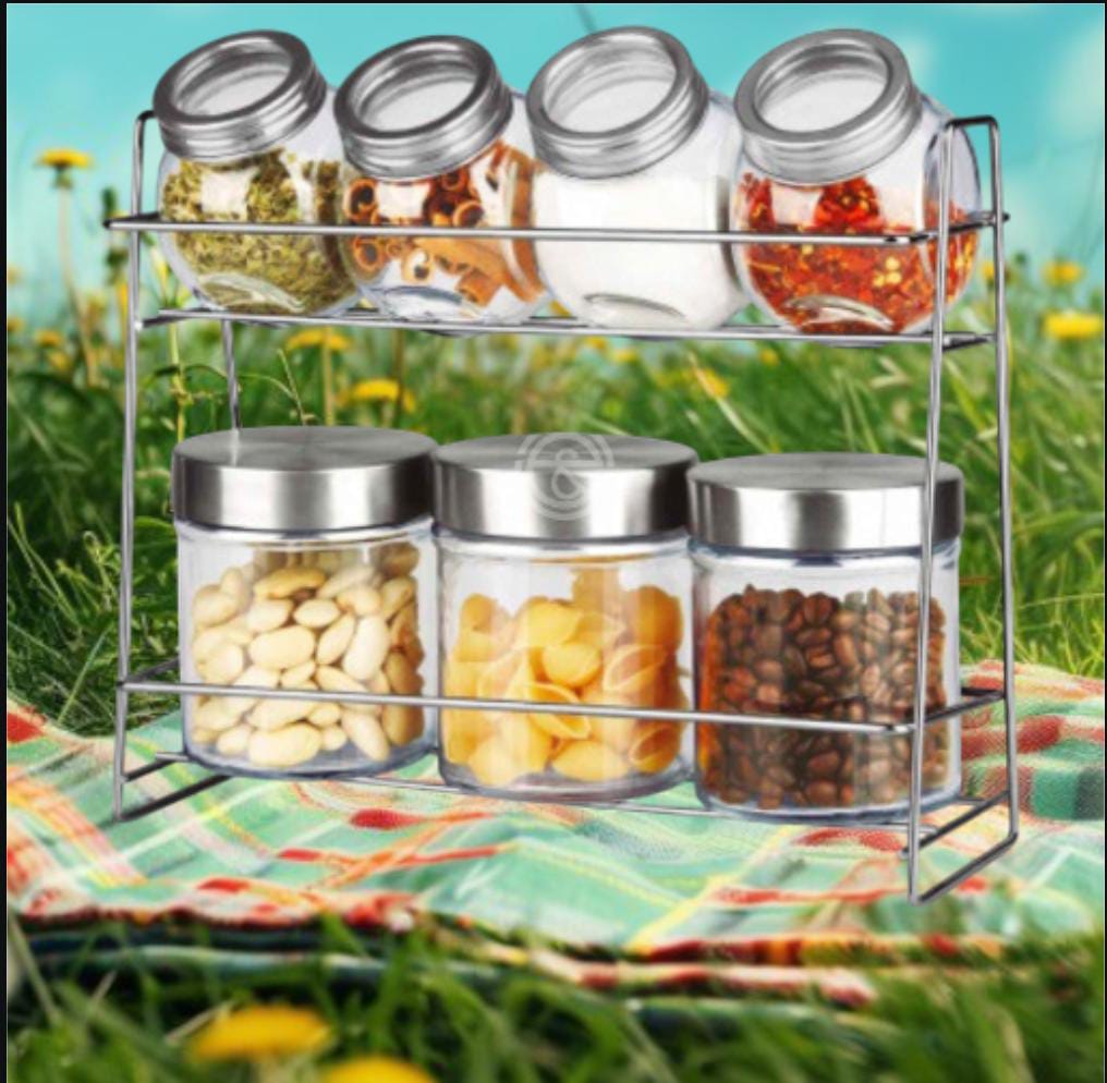 Set of 7 glass jars for spices or food. They have an airtight lid. Stainless steel lids. Dishwasher safe. Hard and resistant glass. Ideal for storing spices, food, sweets, cookies, etc.