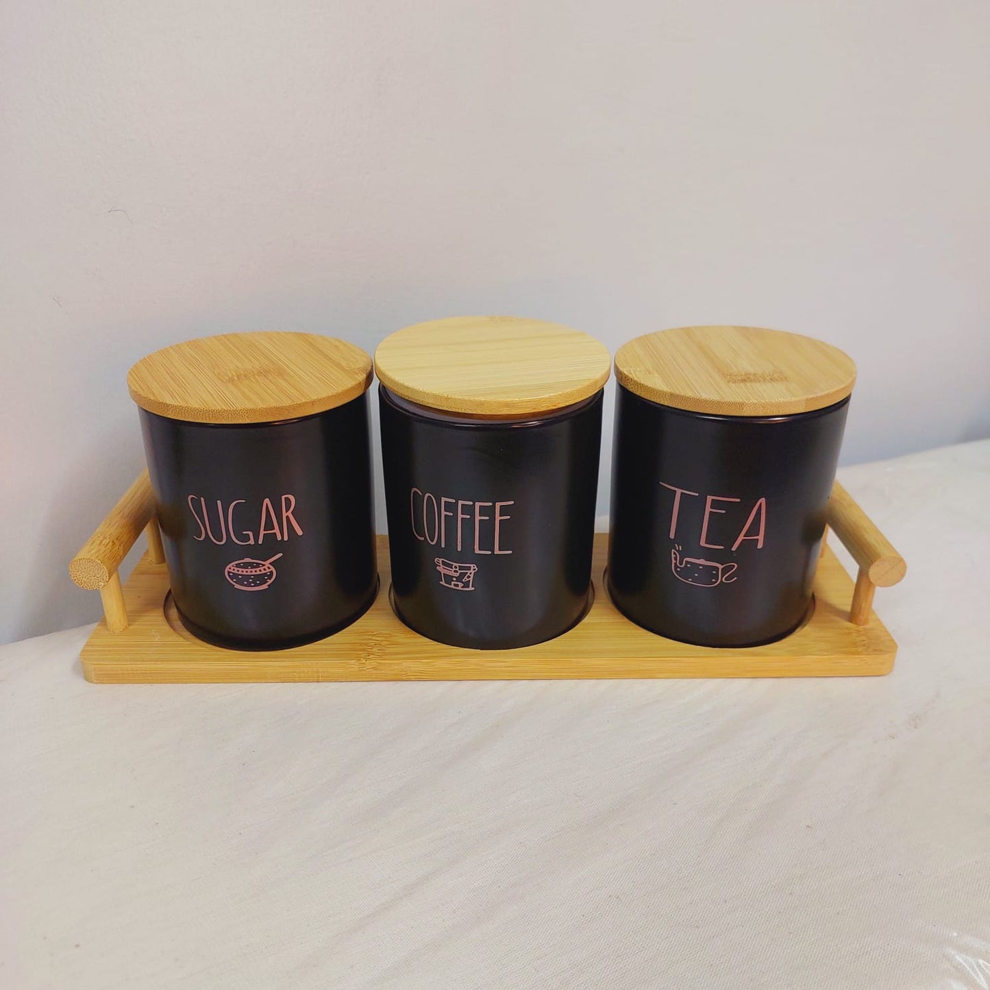 3pc Ceramic canisters with bamboo lid