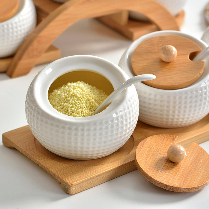 Golf themed ceramic condiment set with bamboo stand