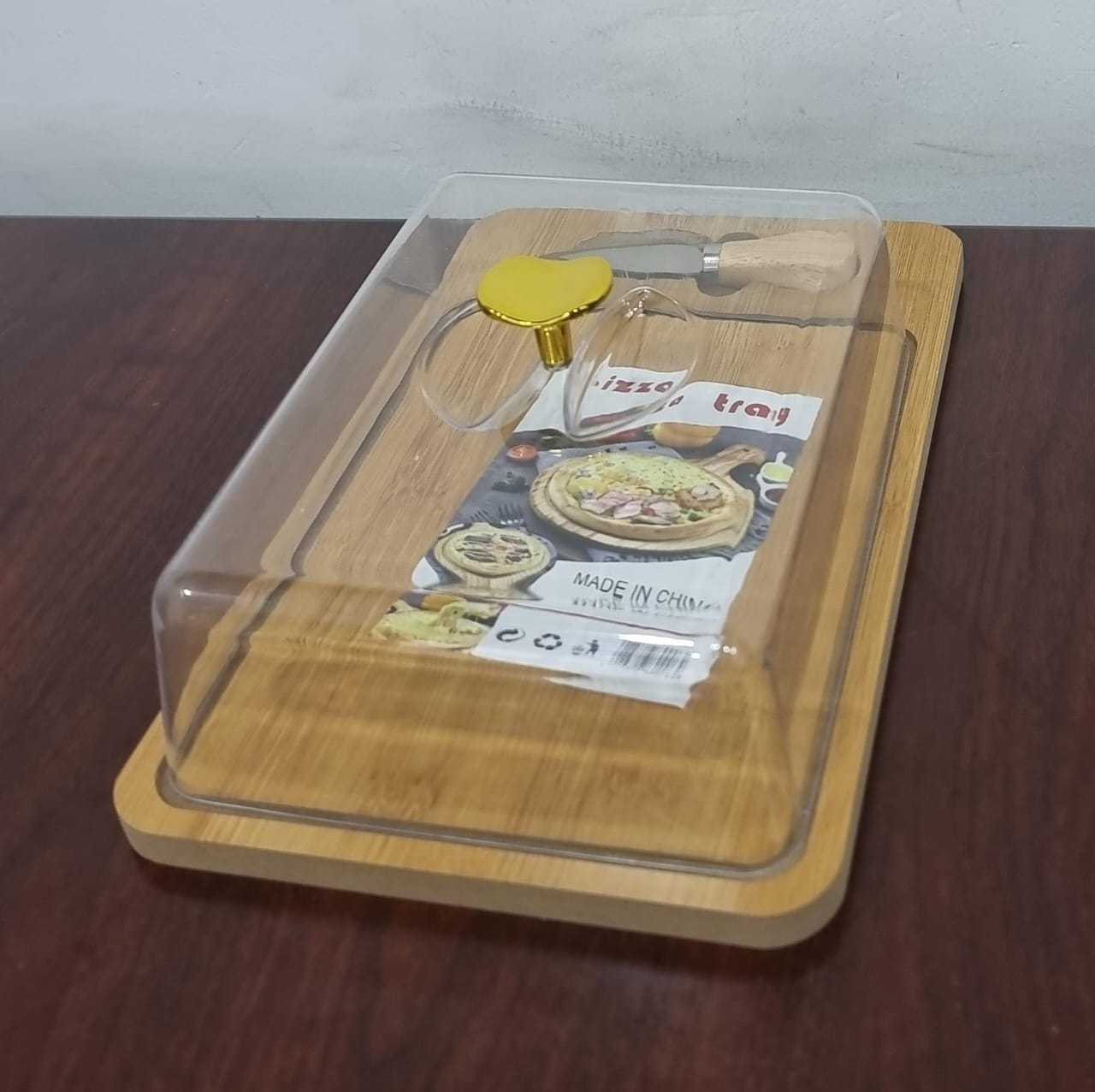 Wooden pizza tray with acrylic cover and knife
