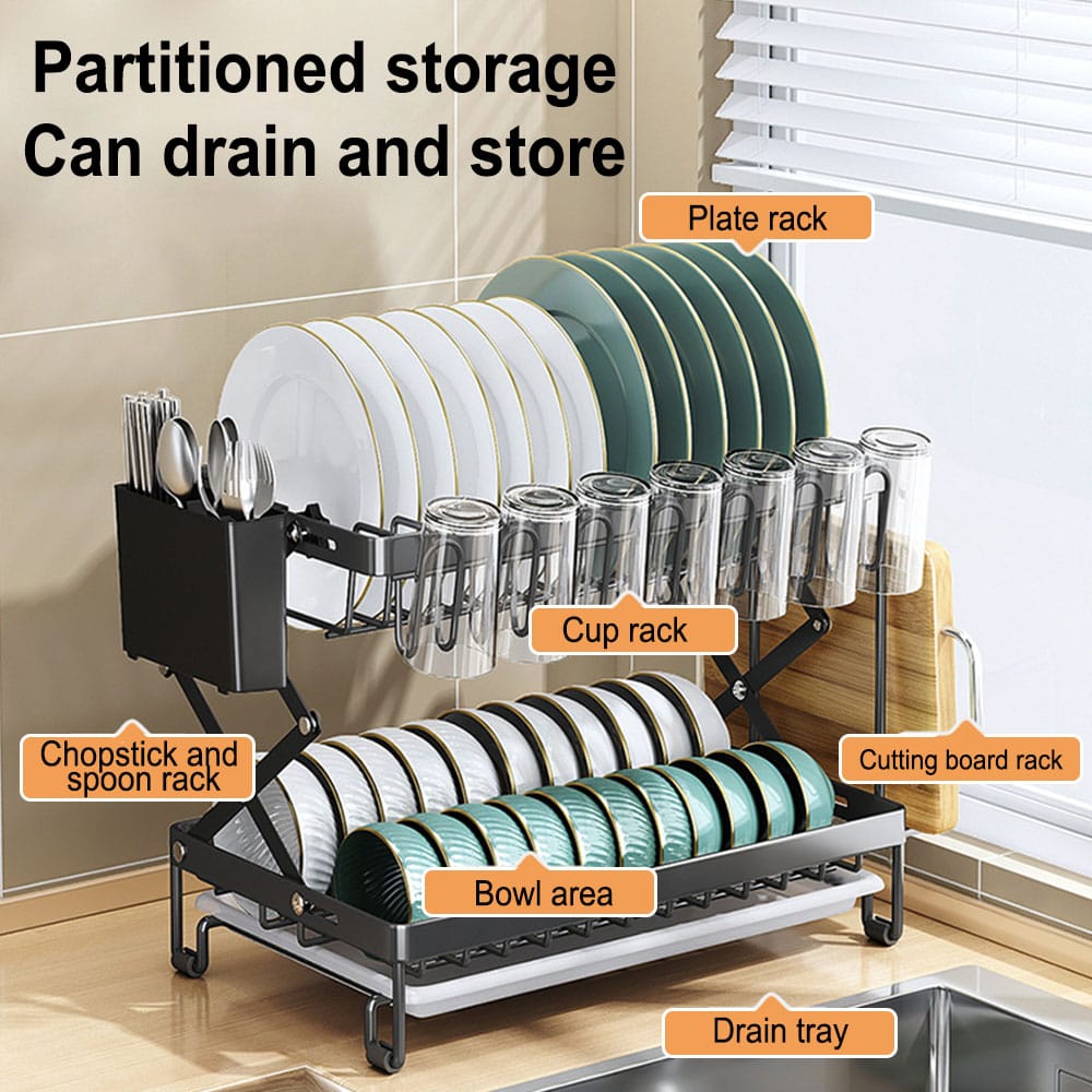 Modern 2-tier kitchen dish drying rack with a space-saving foldable design