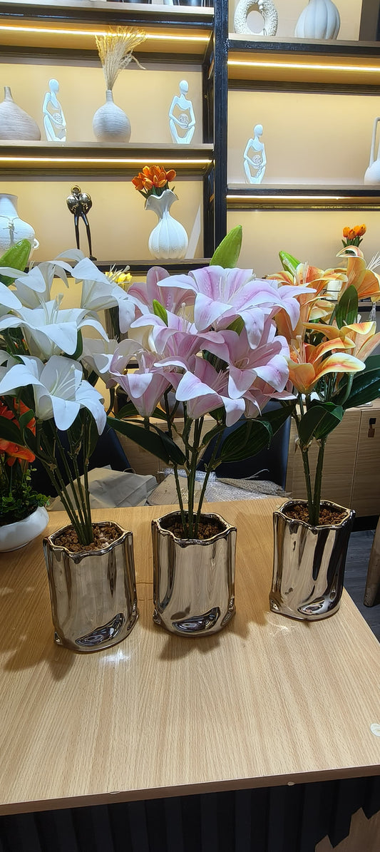 Table Top Big Silver Potted Flowers
