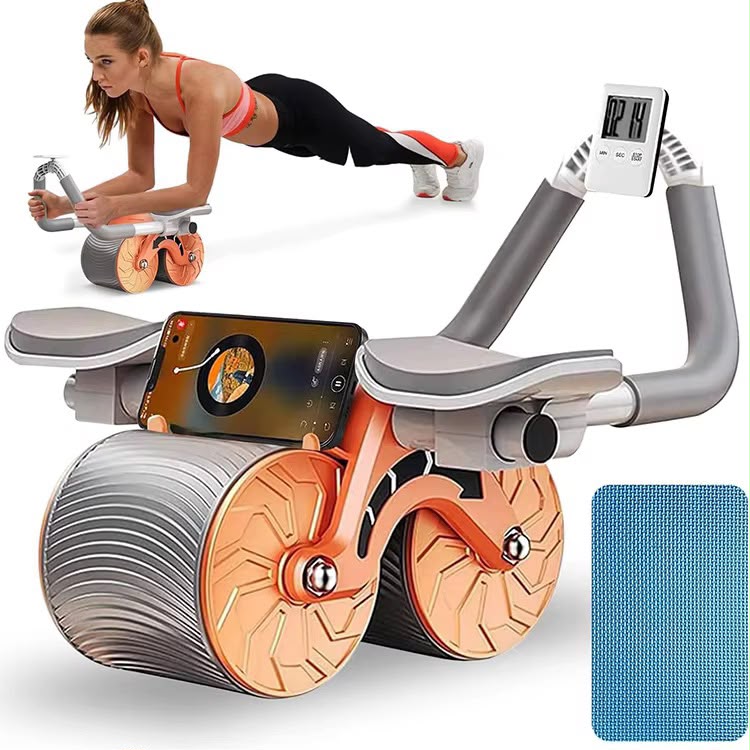 Automatic Rebound Abdominal Wheel with Elbow Support featuring a built-in digital timer display and dual-wheel design- intelligent belly wheel