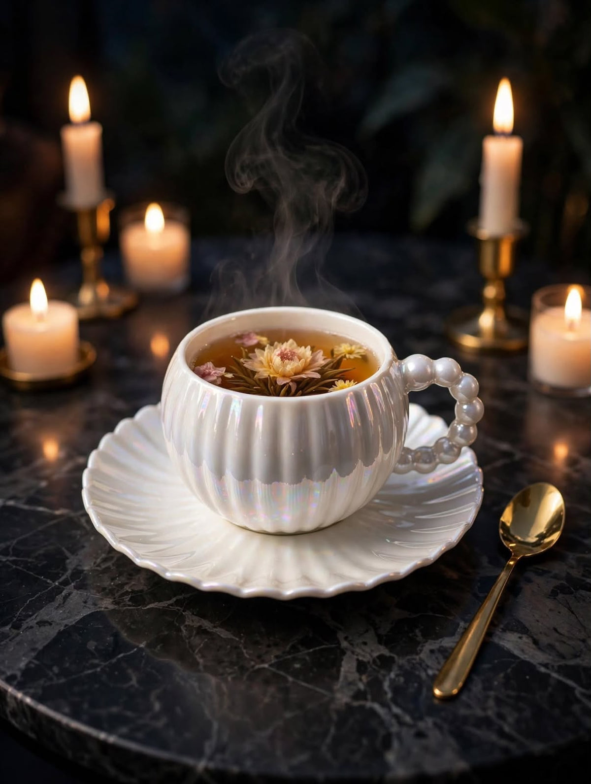 Pearl ribbed pumpkin shape cup,beaded pearl bubble handle, scalloped saucer, and that iridescent glaze that shimmers in the light.
12pc