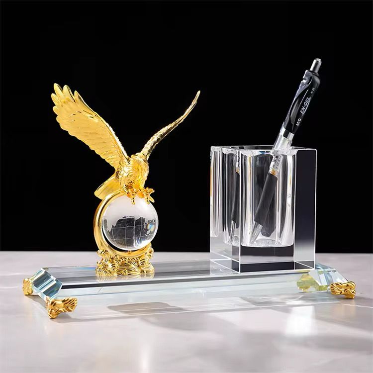 Gold Globe Desktop Gift with Crystal Pen Holder Set for Table Office Decoration