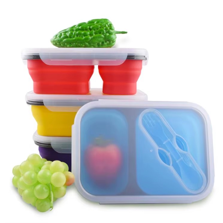 2 Compartment collapsible silicone Bento Leakproof Food Storage Containers Eco Friendly Folding Kids Collapsible Silicone Lunch Boxes