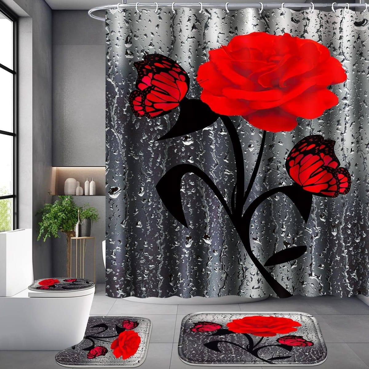 3D 4in1 bathroom woolen mats with a waterproof shower curtain