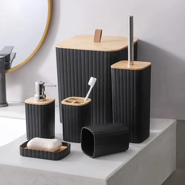 6pcs Eco-Friendly Plastic Bamboo washroom bathroom Accessories set. Toilet soap dispenser/Holder Toothbrush holder kit