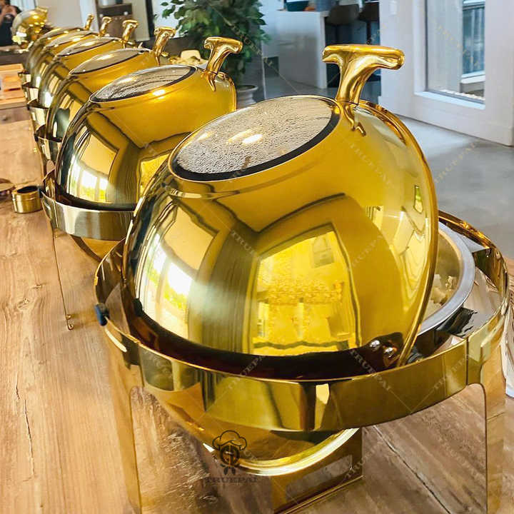 6L Executive Classy Heavy, Golden Round Roll Top Chaffing Dishes