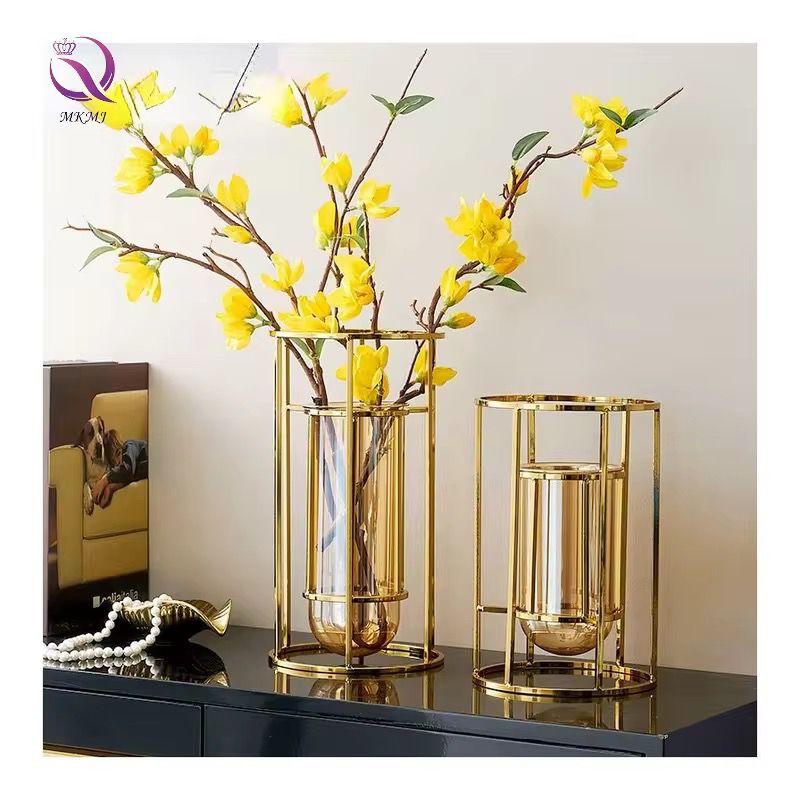 Circular line gold glass vase for Nordic home decor blue.