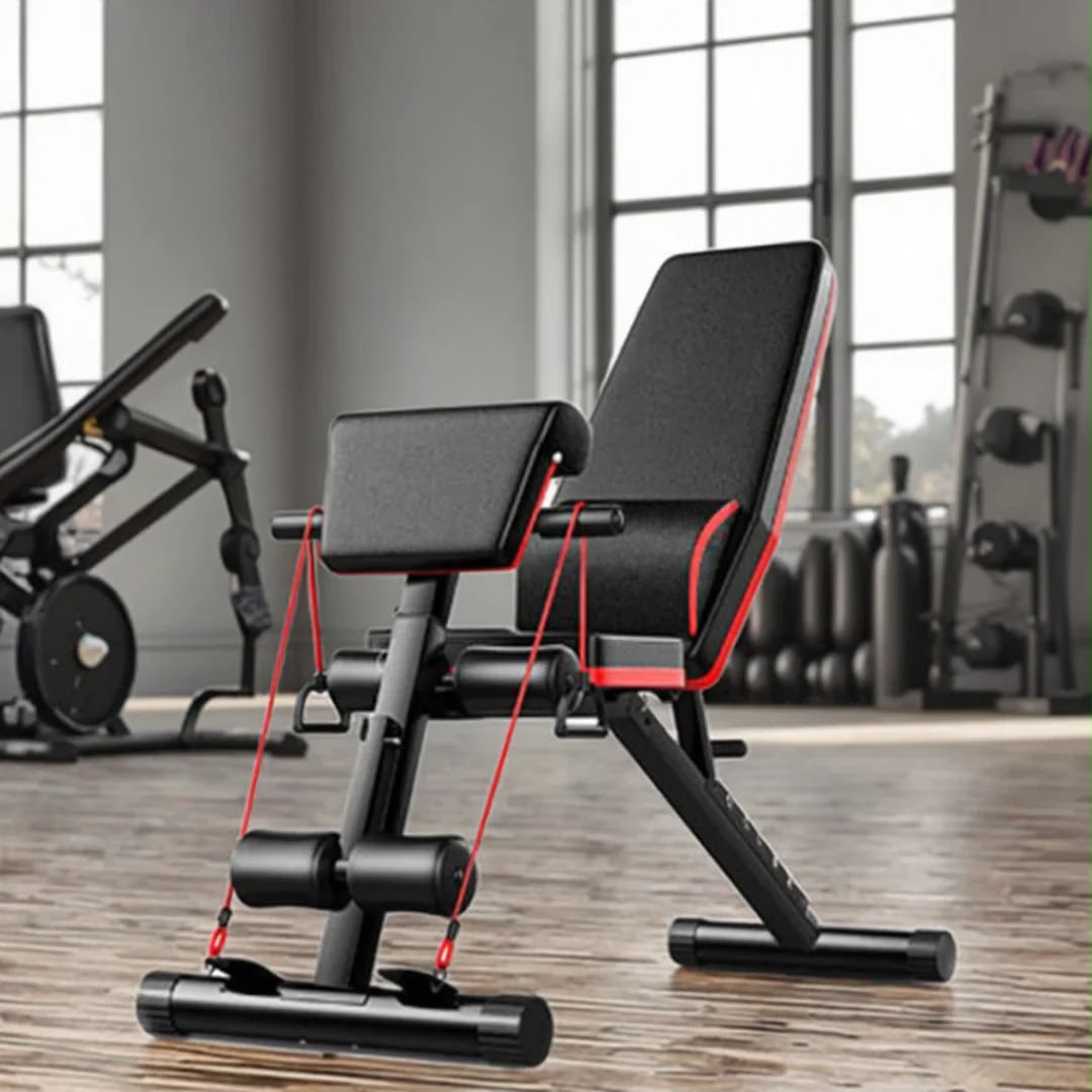 multi-functional Gym bench - adjustable workout bench equipped with a preacher curl pad and resistance bands.