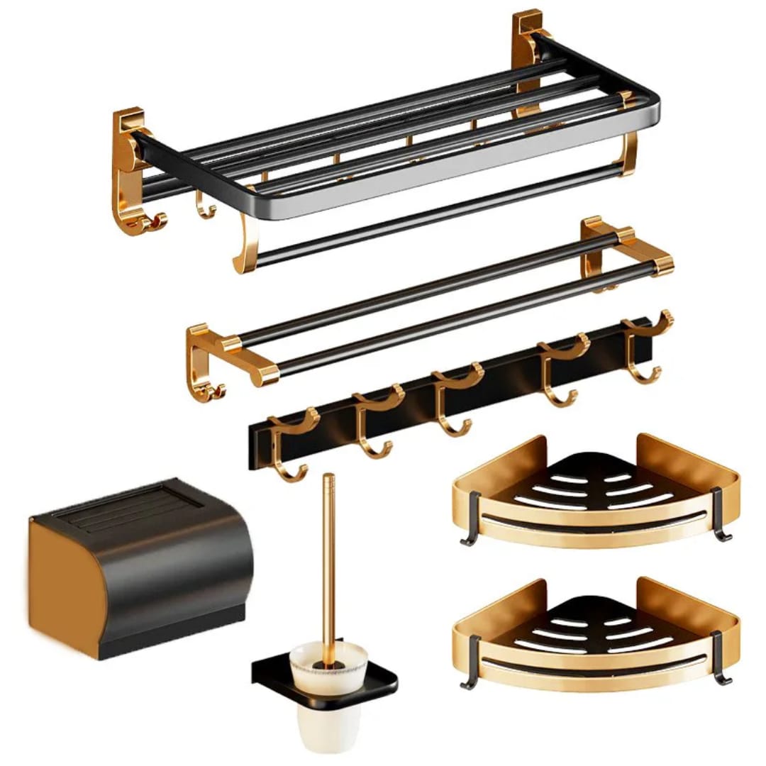 7pcs Gold Multifunctional Aluminum Bath Towel Storage Rack Set Bathroom Storage Rack