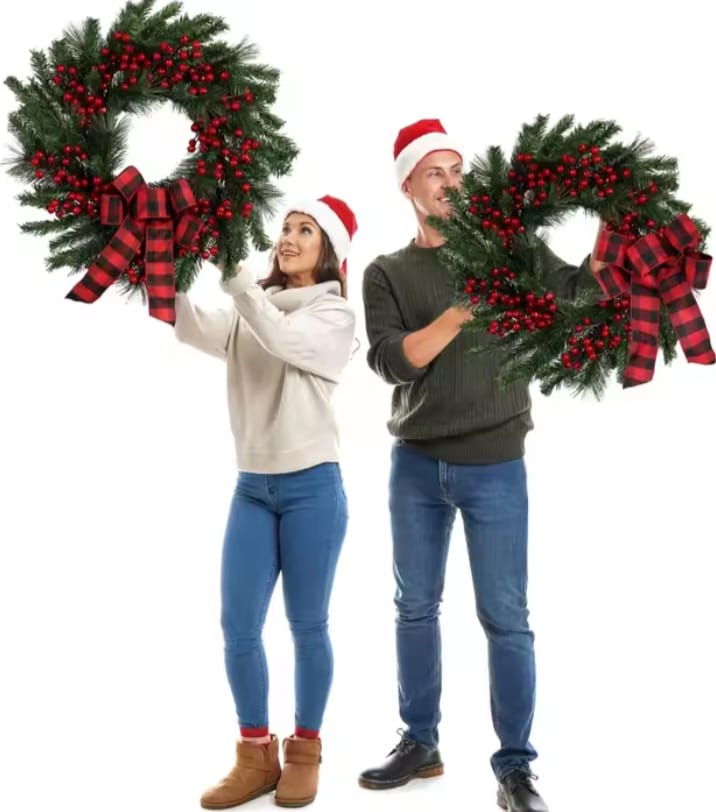 Christmas Red wreath front door hanging with decorations