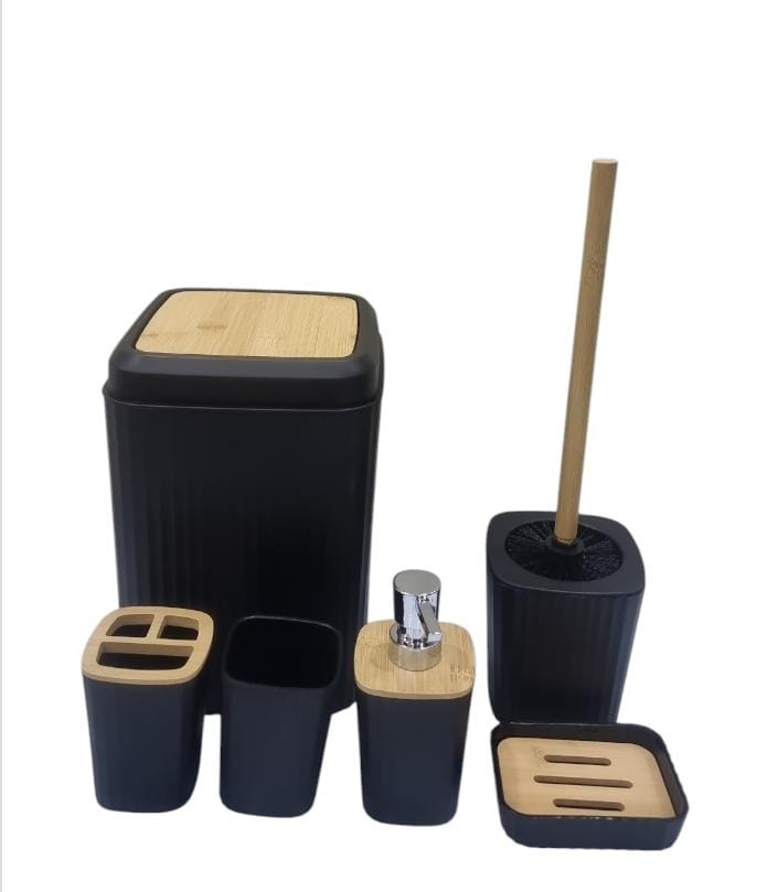 Bathroom set of 6pc (consisting soap dish cup toothbrush holder soap dispenser toilet brush n holder and dust bin) now available in 2 designs each having 3 colours