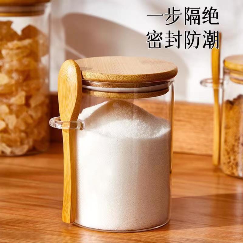 Glass spice / storage jar with spoon and bamboo lid