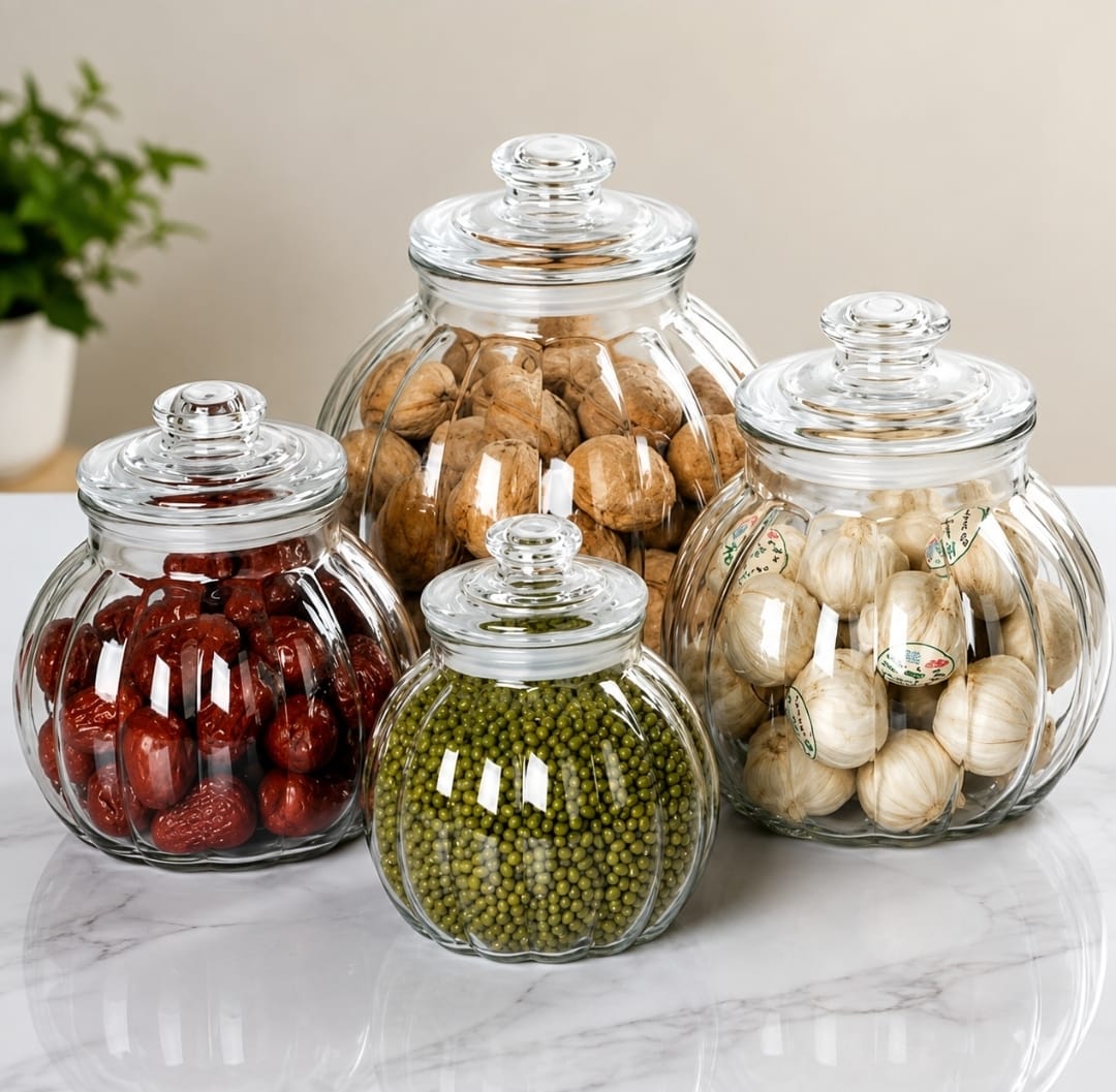 Vertical pattern transparent glass sealed jar candy. Glass jar pumkin shaped tea tin. Moisture-proof storage bottle honey lemon storage jar.