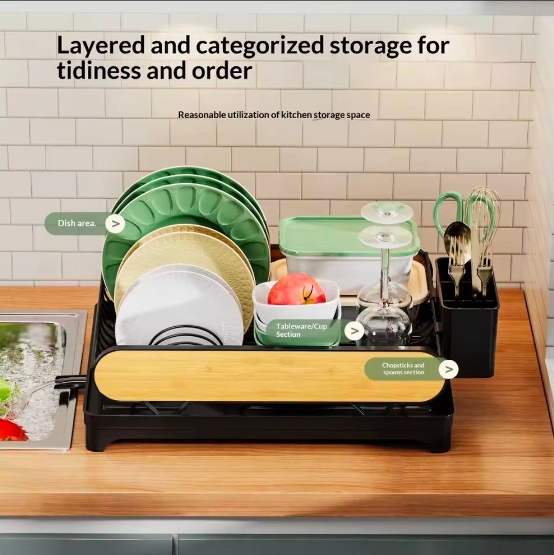 Compact countertop dish drying rack with a modern black and wood-grain design