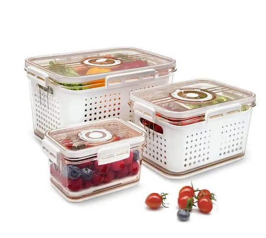 3pcs Airtight Fridge Vegetable/Fruit/food storage Box with Drain Basket with compartment