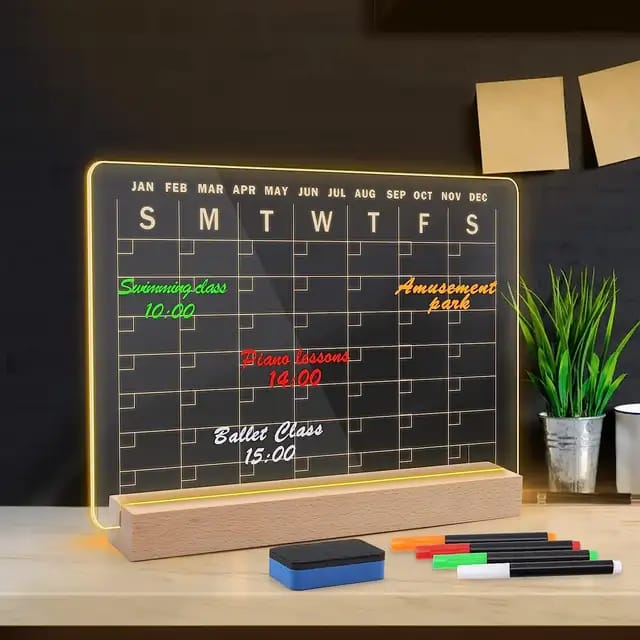 Acrylic monthly desktop calendar with LED lights