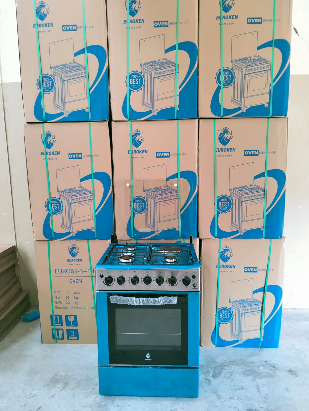 60*65 Euroken  3+1 standing cooker with electric double heater oven ,timer,light and auto ignation