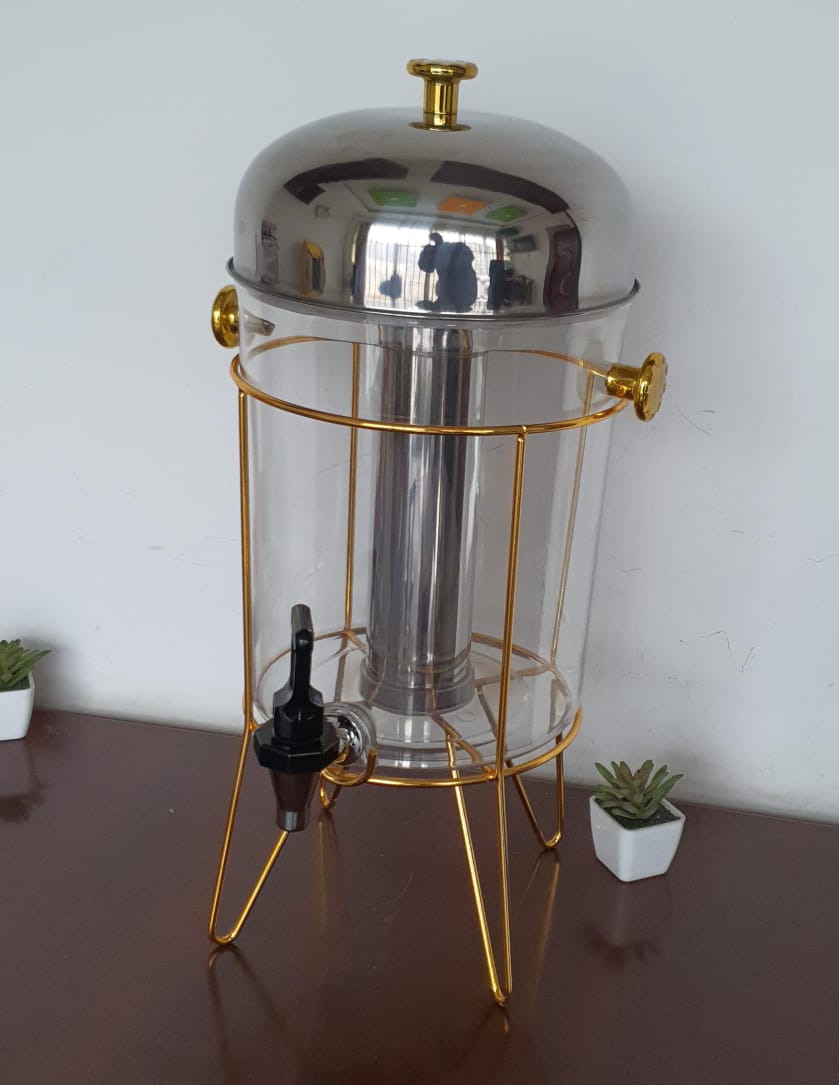 8L Golden metal frame juice dispenser with stainless steel ice cube tube