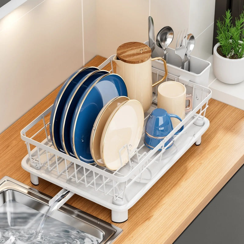 Minimalist countertop dish drying rack with a durable white-coated metal frame and removable utensil holder