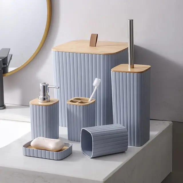 6pcs Eco-Friendly Plastic Bamboo washroom bathroom Accessories set. Toilet soap dispenser/Holder Toothbrush holder kit