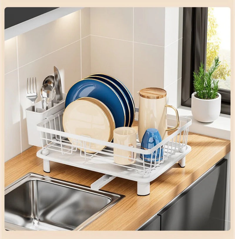 Minimalist countertop dish drying rack with a durable white-coated metal frame and removable utensil holder