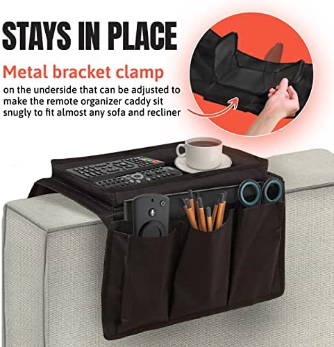 Couch sofa arm rest organizer with top tray and pockets on both sides