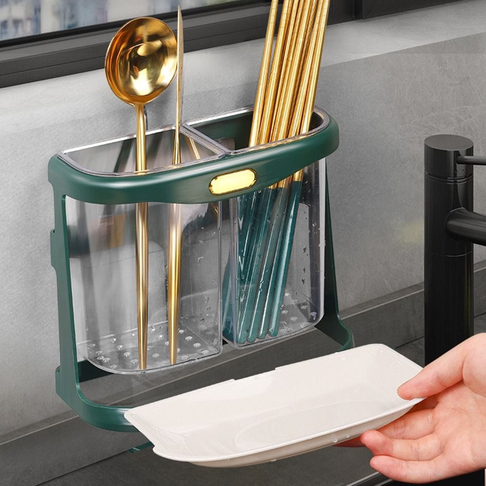 Double grid cutlery organiser with drain hole and detachable drain tray