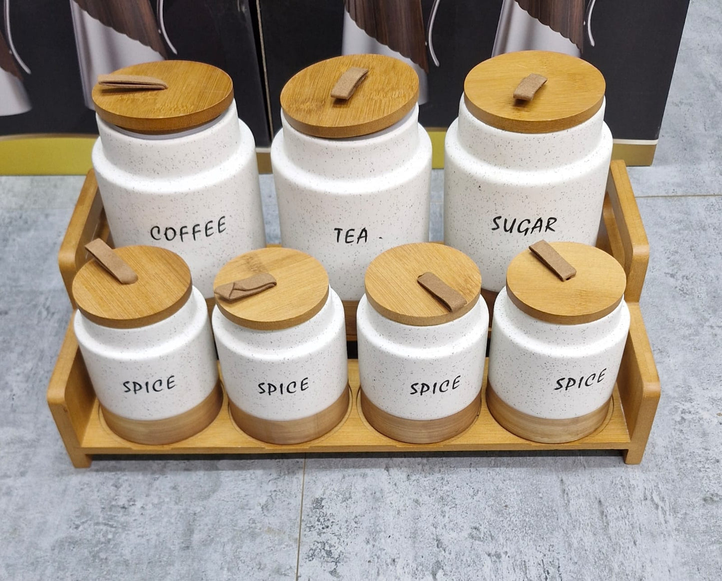 7pc White Speckled Ceramic Canister Set with Wooden Stand