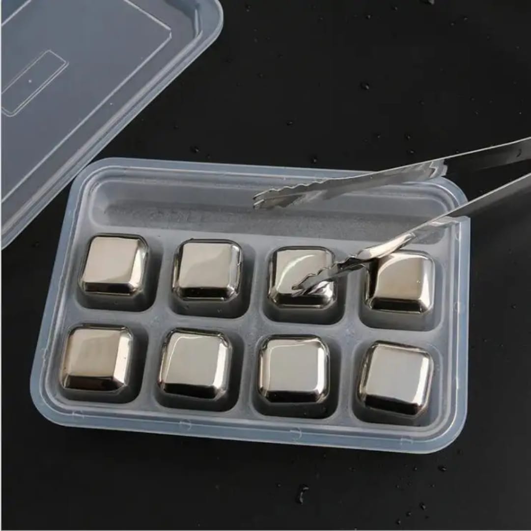 8pcs Stainless Steel Reusable Ice Cubes with Tong
