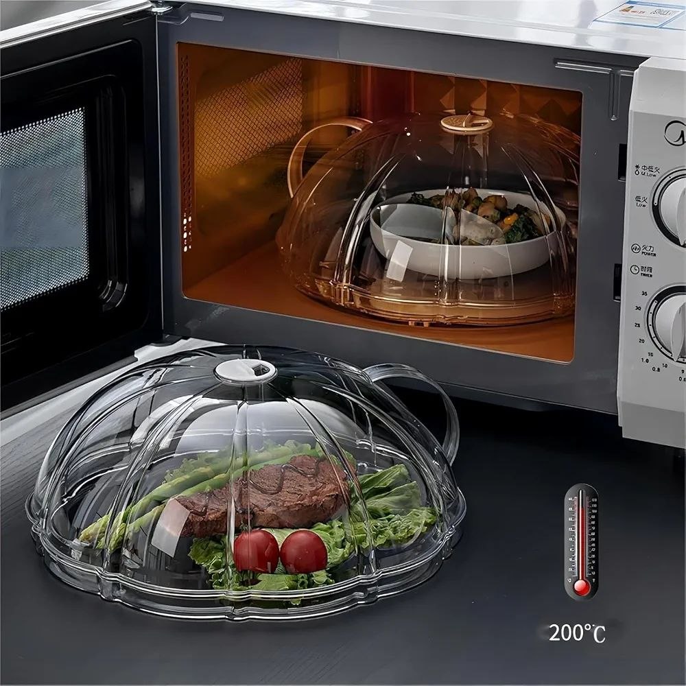 Multipurpose transparent microwave / food splatter cover with an integrated base plate and handle