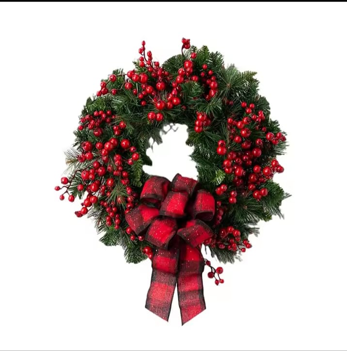 Christmas Red wreath front door hanging with decorations