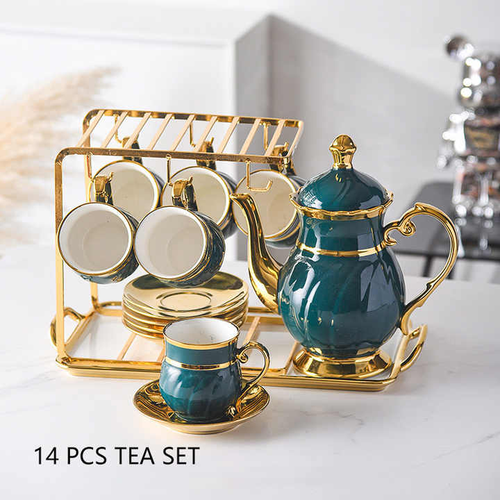 Elegant ceramic Tea set with tray and 6cups+1Tea pot