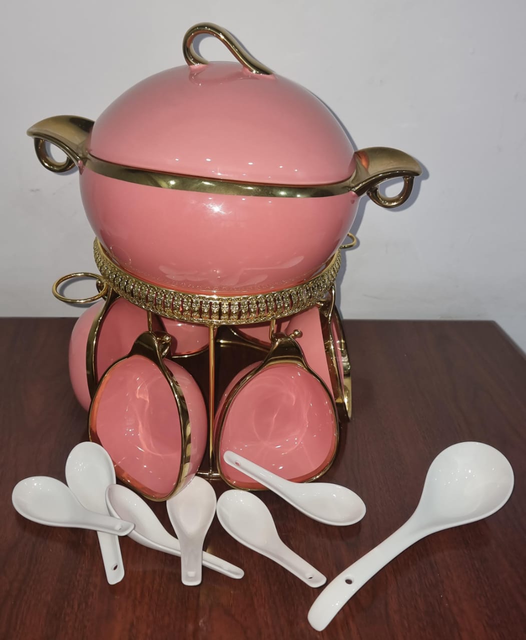 16pc ceramic soup set on golden stand