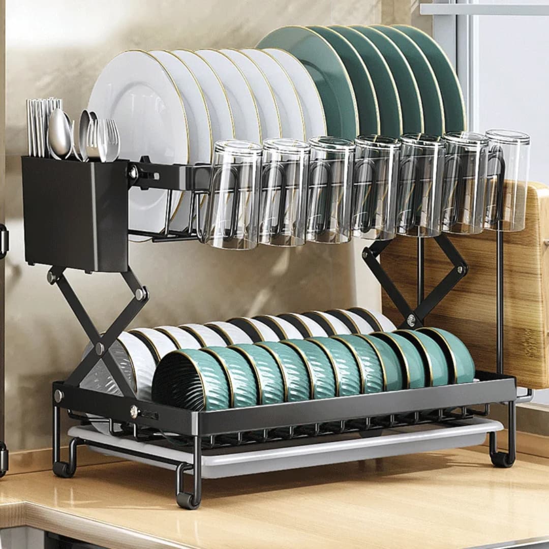 Modern 2-tier kitchen dish drying rack with a space-saving foldable design