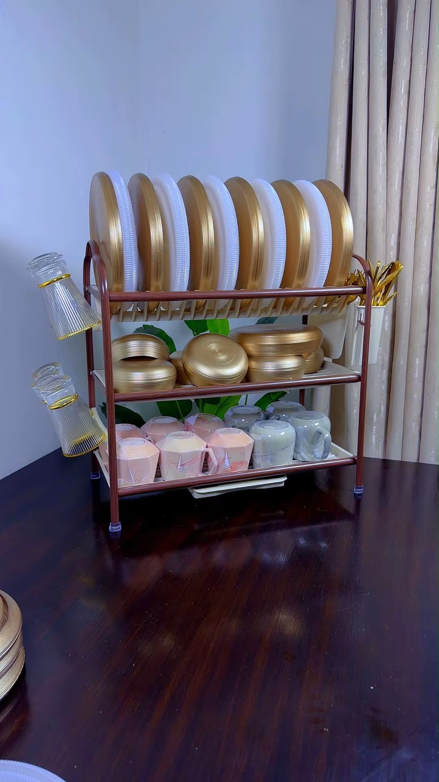 Heavy duty 3-Tier Dish Rack = plates, bowls, cups & cutlery all in ONE place.