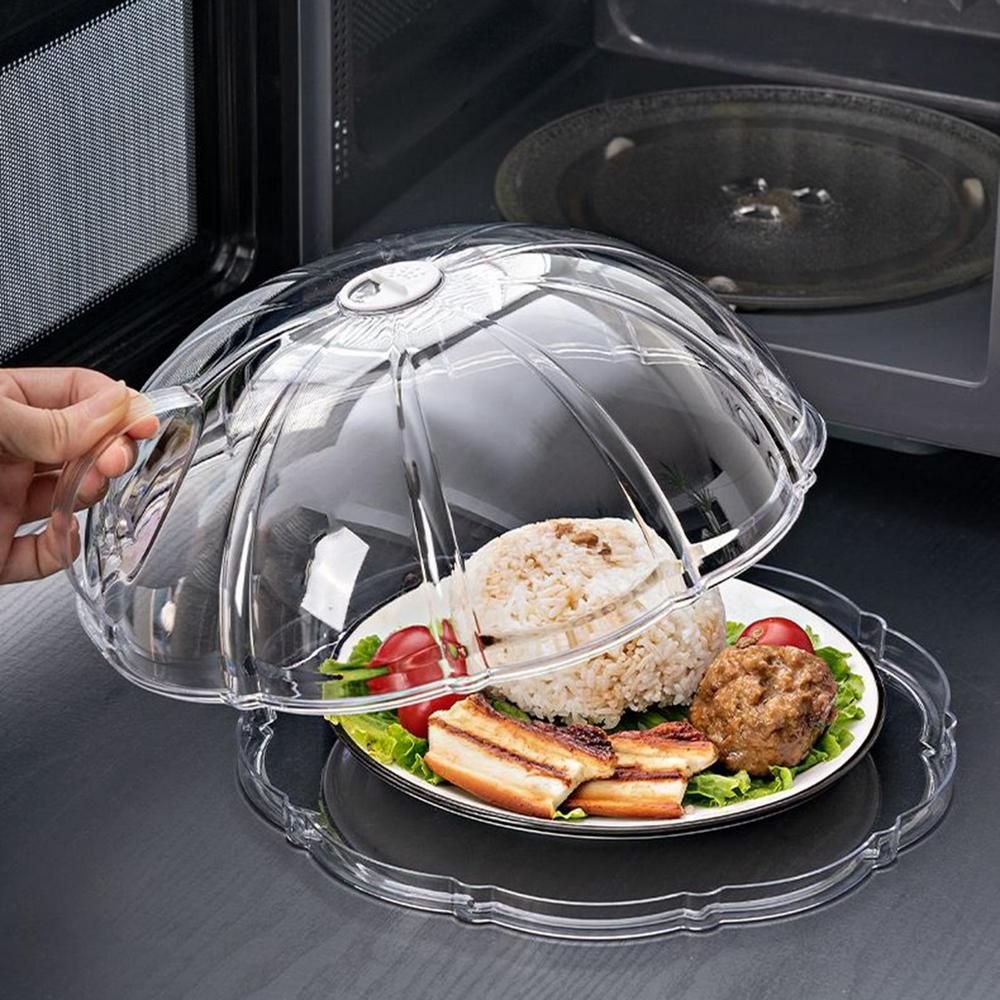 Multipurpose transparent microwave / food splatter cover with an integrated base plate and handle