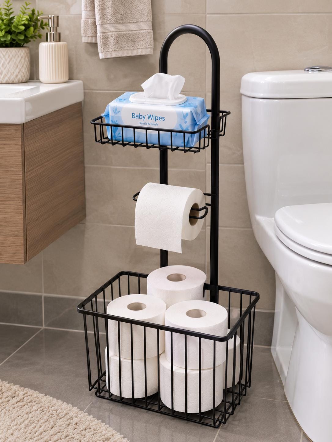 Free standing metallic tissue/toiletries organizer