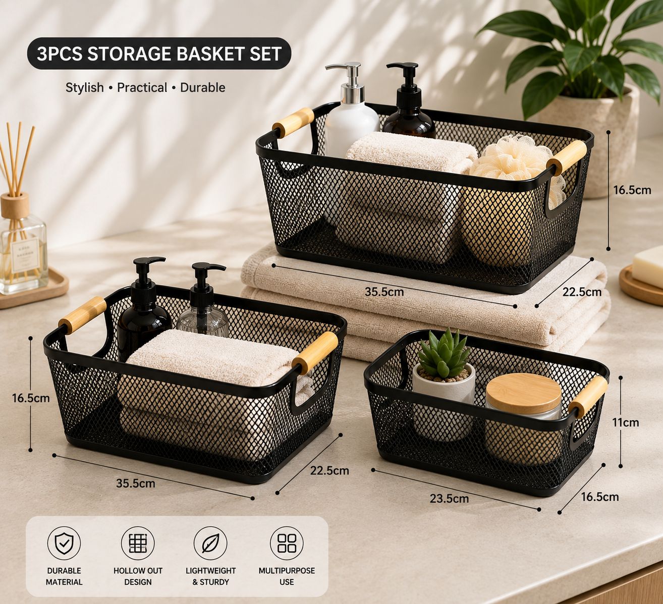 3PCS MESH STORAGE BASKET SET