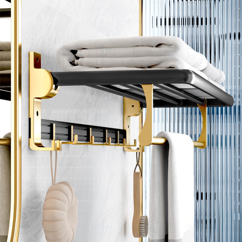 Multifunctional Towel Rack with Hook Bathroom Accessories Wall Mount Rail Shower Hanger Aluminum Matte Black Shelf Organizer