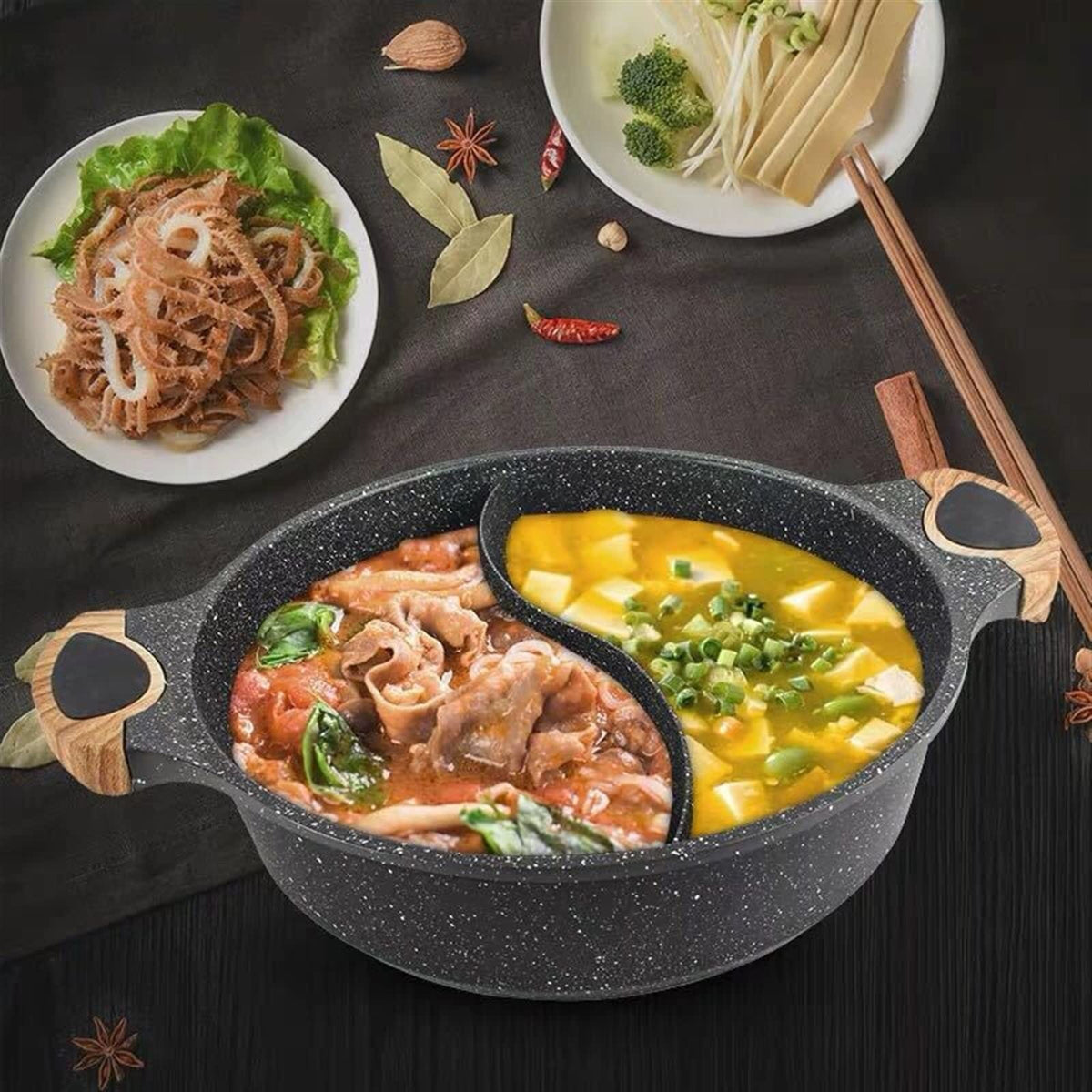 Single piece 28cm HonHey WOK granite partitioned cooking pot casserole