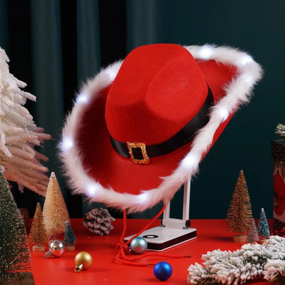 Christmas Red Cowboy Hat Women Men Feather