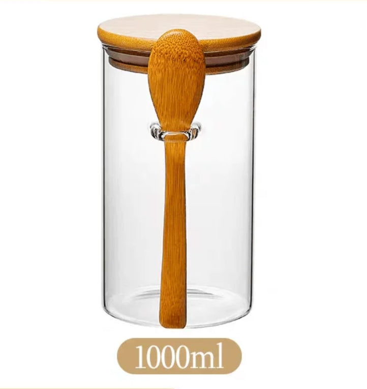 Glass spice / storage jar with spoon and bamboo lid