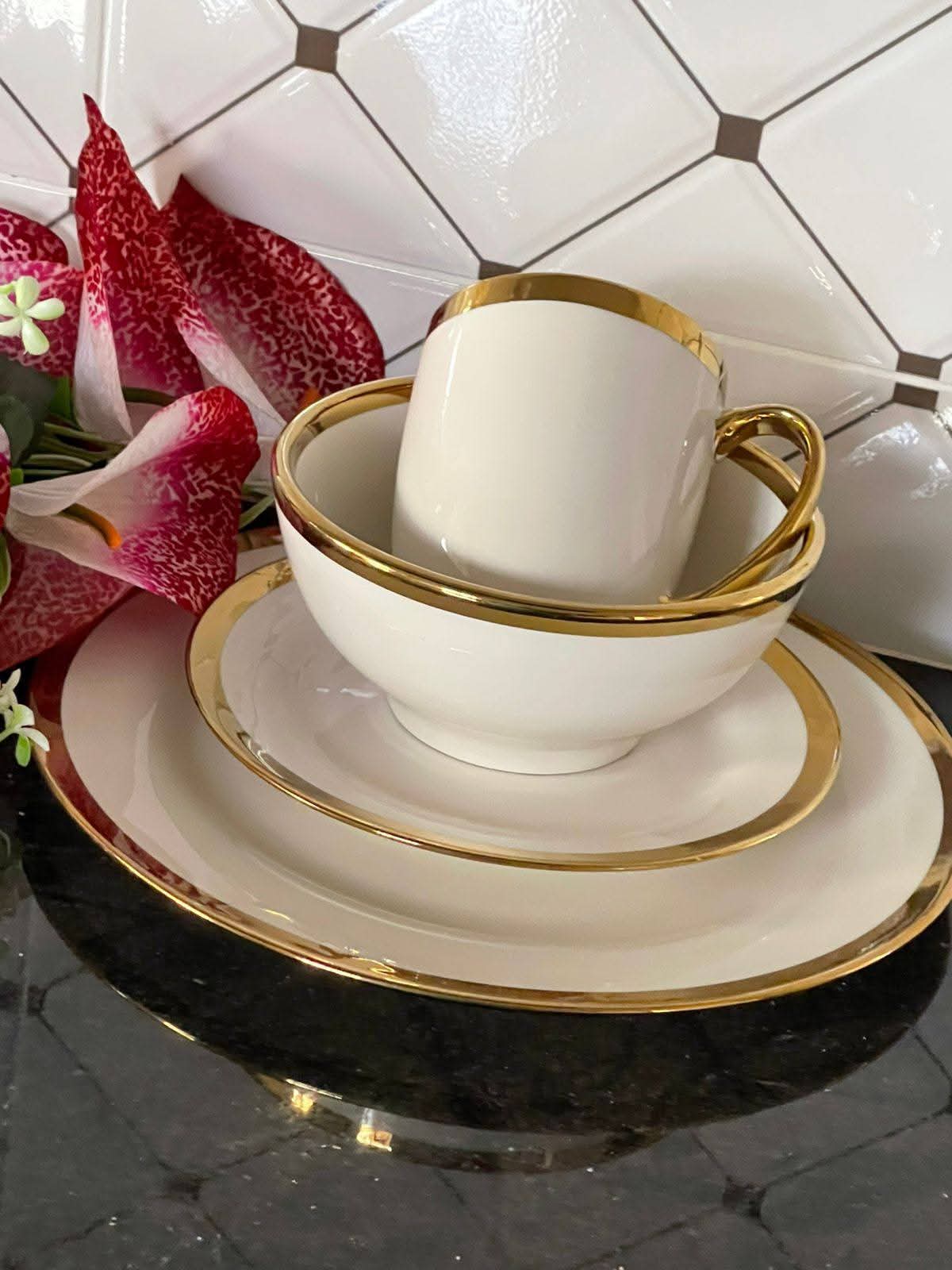 24pcs CERAMIC WHITE GOLD DINNER SET