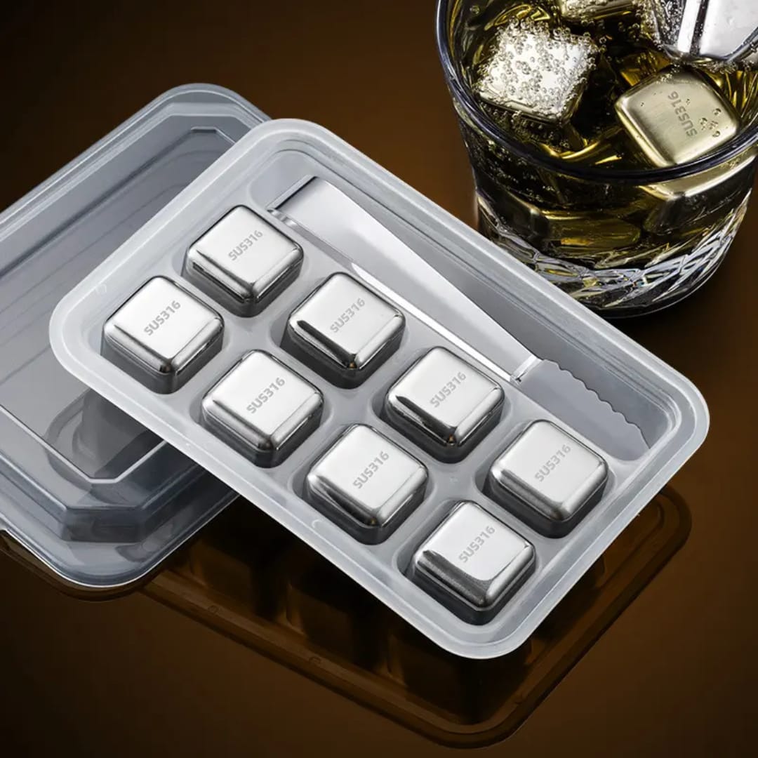 8pcs Stainless Steel Reusable Ice Cubes with Tong