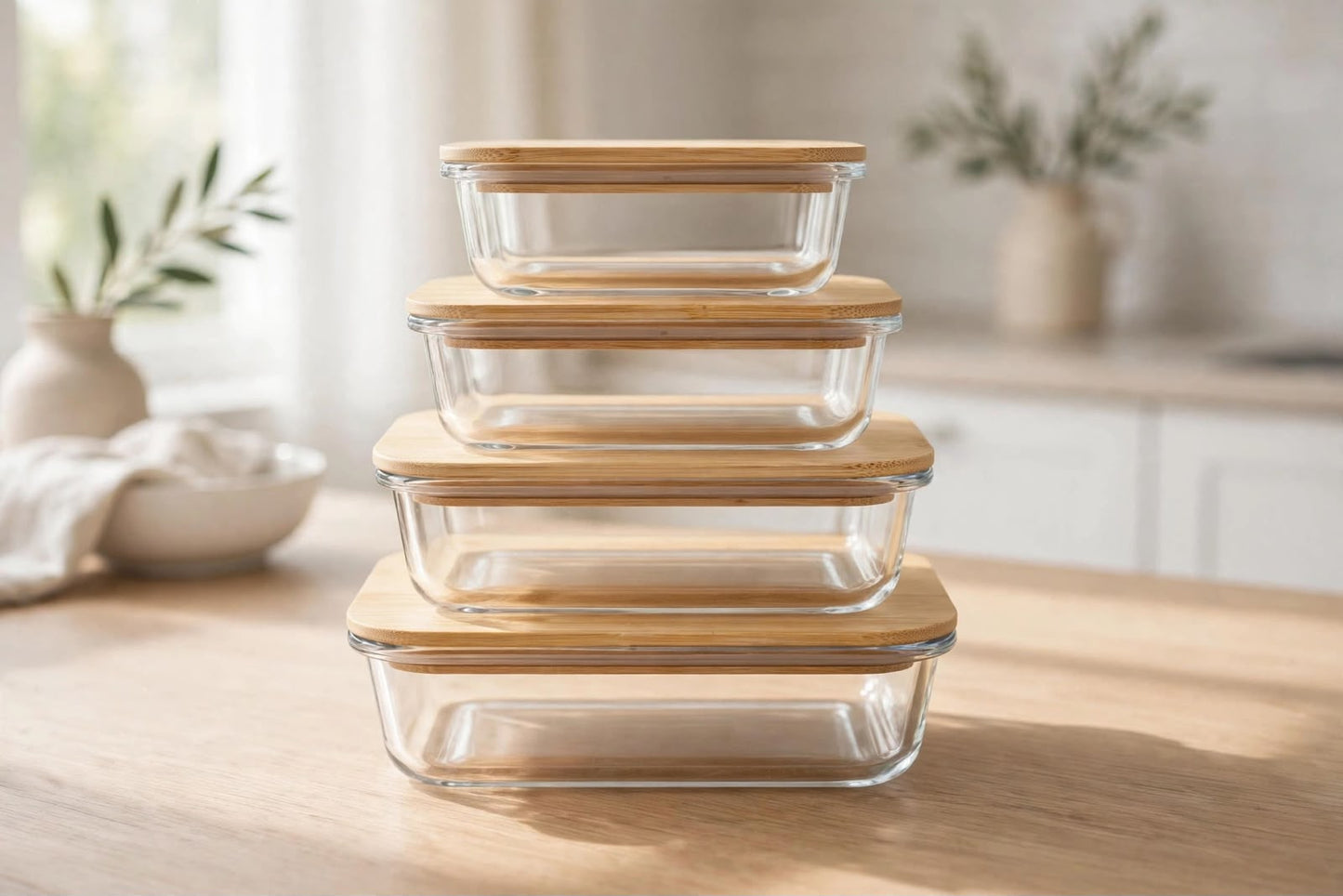 Borosilicate glass food storage containers with natural bamboo lids 4pcs set